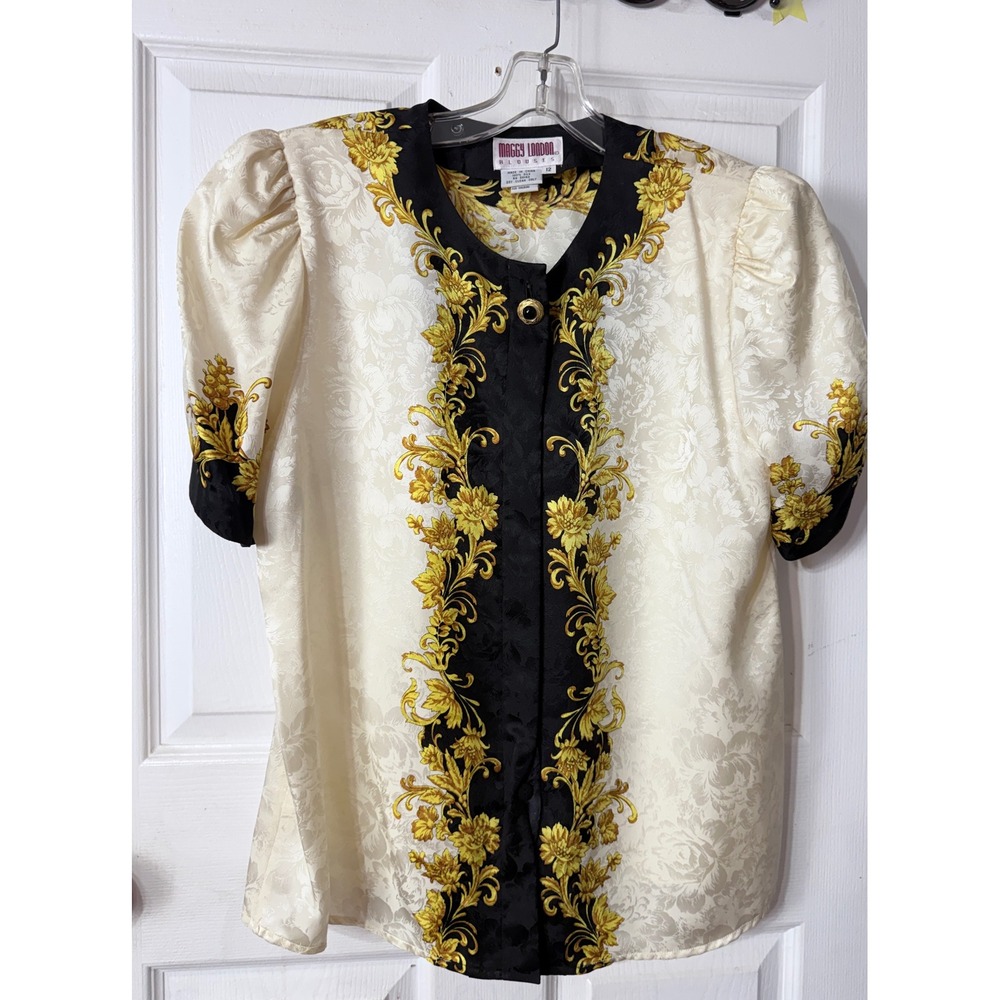 Maggy London Vintage 100% Silk Baroque Floral Damask Blouse Cream Gold Black 12